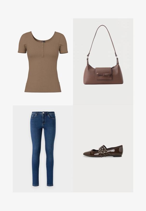 Bruin geribd topje met korte mouwen, ronde hals en vier kleine ronde zilveren knopen op de voorkant.; Skinny denim jeans in donkerblauw. Beschikt over een klassieke vijf-pocketstijl, metalen knoopsluiting en subtiele stiksels langs de naden.; Bruine lakleren platte schoen met puntige neus en drie verstelbare gespen aan de zijkant, gezien vanaf de buitenkant.; Bruine leren schoudertas met een voorvak met klep en een gestikte strikdetail en een verstelbare band.