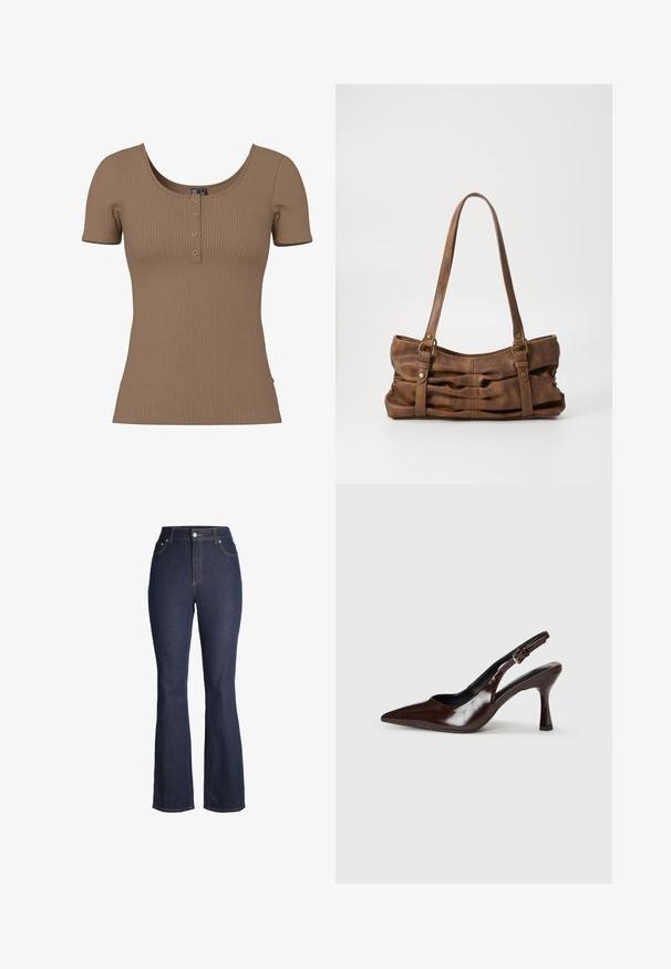 Haut marron côtelé à manches courtes avec encolure dégagée et quatre petits boutons ronds en argent sur la patte de boutonnage avant.; Jean denim bleu foncé taille haute avec bouton et fermeture éclair à l'avant, poches avant et jambes légèrement évasées.; Talons slingback en cuir verni brun avec un bout pointu, un talon fin, et une sangle réglable avec une petite boucle.; Even&Odd Sac à main - brown