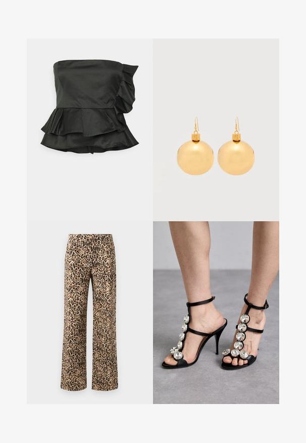 Pinko TROPPO POPELINE CINZATO - Top - nero limousine; Leopardprint wijduitlopende broeken in beige en zwart. Katoenmix stof met een zachte textuur, met een hoge taille en zonder zichtbare hardware.; Zwarte hoge hakken sandalen met satijnen banden en grote ronde strassaccenten langs de boog en enkel, open teen ontwerp.; Een paar glanzende gouden kerstbal-oorbellen met haaksluitingen op een effen witte achtergrond.