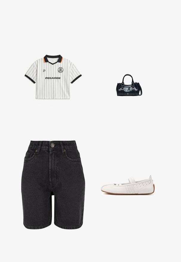 Maillot de football blanc à manches courtes avec fines rayures verticales noires, col noir avec bordure rouge et jaune, et logo "PEGADOR" sur la poitrine.; Shorts en denim noir à taille haute, avec un design à cinq poches et un système de fermeture à bouton en métal. Le tissu a une texture lisse avec un léger dégradé.; Chaussure plate en cuir blanc avec deux brides élastiques, détails perforés et semelle en caoutchouc marron, vue de profil sur fond blanc.; Sac à main en cuir noir avec deux poignées supérieures, boucles décoratives et une bandoulière amovible sur fond blanc.