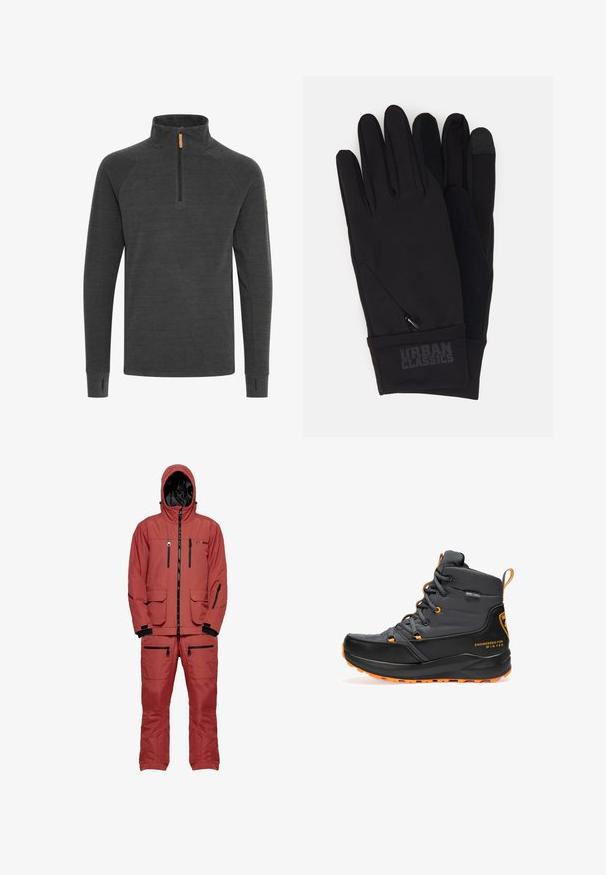Donkergrijze pullover met een hoge kraag, voorzien van een halve rits en taps toelopende mouwen met duimgaten, gemaakt van gestructureerde stof.; Rode waterdichte skikostuum met een capuchon, voorzien van zwarte ritsen en accenten, meerdere zakken en een textuurstof voor isolatie.; Zwarte winterlaarzen met een waterdicht ontwerp, oranje accenten, veters en een gestructureerde zool voor grip. Het label geeft aan dat ze voor wintergebruik zijn.; Zwarte handschoenen met een stijlvolle uitstraling, voorzien van een ritszak, een tekstuurtip voor de duim voor touchscreengebruik, en een zachte stoffen afwerking.