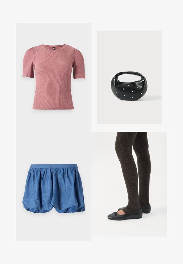 Kortærmet, tekstureret top i støvet rosa ribstrikket stof. Rund halsudskæring med diskrete pufærmer. Figursyet pasform, strækbart materiale.; Blå, letvægts shorts med en samlet elastisk talje og et blødt, tekstureret design. Har en blød stoffinish med en afslappet pasform.; Ben iført mørke ribbede leggings kombineret med sorte balletsko med små sløjfedetaljer på hvid baggrund.; Sort læderhåndtaske med en rundet form, dekoreret med sølvnitter, og et kort håndtag. Glat tekstur og lynlåslukning.
