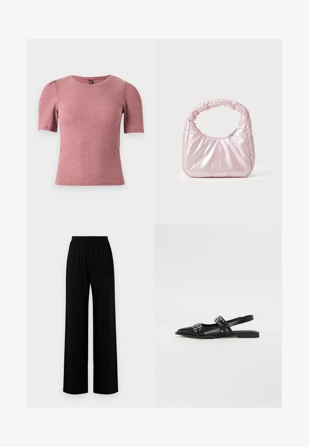 Top à manches courtes en tissu côtelé couleur rose poussière. Encolure ronde avec épaules légèrement bouffantes. Coupe ajustée, matière extensible.; Pantalons larges noirs avec une taille élastique, fabriqués à partir d'un tissu lisse, présentant un design simple sans motifs ni décorations visibles.; Even&Odd by Zalando Ballerines à brides arrière - black; Sac à main rose rembourré avec un design arrondi, fabriqué à partir d'un matériau brillant. Dispose d'une poignée froncée et d'une fermeture éclair pour un accès sécurisé.