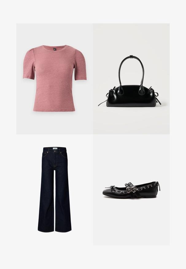 Top de manga corta con textura en tejido acanalado color rosa polvo. Escote redondo con hombros sutilmente abullonados. Corte ajustado, material elástico.; Vaqueros de mezclilla azul oscuro con pernera ancha, cierre delantero con botón y cremallera, trabillas para cinturón y bolsillos delanteros, mostrados sobre un fondo blanco.; Zapato de ballet plano negro con correas de doble hebilla, ojales plateados y un pequeño lazo cerca de la puntera redondeada sobre un fondo blanco.; Pequeño bolso negro brillante con dos asas largas y detalles de cordón lateral sobre un fondo claro liso.