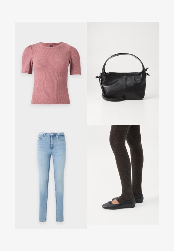 Korte mouwen, gestructureerd topje in stof met ribbels in poederroze. Ronde halslijn met subtiele pofmouwen. Getailleerde pasvorm, rekbaar materiaal.; Lichtblauwe denim skinny jeans hebben een sluiting met een knoop en ritssluiting aan de voorkant, vijf zakken en een licht vervaagde afwerking voor textuur.; Benen met donkere geribbelde leggings gecombineerd met zwarte ballerina's met kleine strikdetails op een witte achtergrond.; Zwarte leren handtas met een gestructureerd ontwerp, een ronde bovenhandgreep en een afneembare schouderriem. Beschikt over een gladde textuur en een subtiele glans.