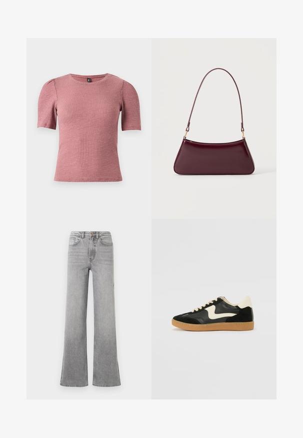 Top de manga corta con textura en tejido acanalado color rosa polvo. Escote redondo con hombros sutilmente abullonados. Corte ajustado, material elástico.; Jeans de mezclilla gris de campana con una cintura alta, bolsillos delanteros, trabillas para el cinturón y un sutil diseño descolorido, presentados sobre un fondo blanco.; Zapatillas de deporte de ante y cuero negro con un swoosh lateral en crema y un talón en crema claro. Presenta cordones beige y una suela de goma marrón.; Bolso brillante de color burdeos oscuro con un asa fina y única y una forma elegante de trapecio sobre un fondo claro y liso.