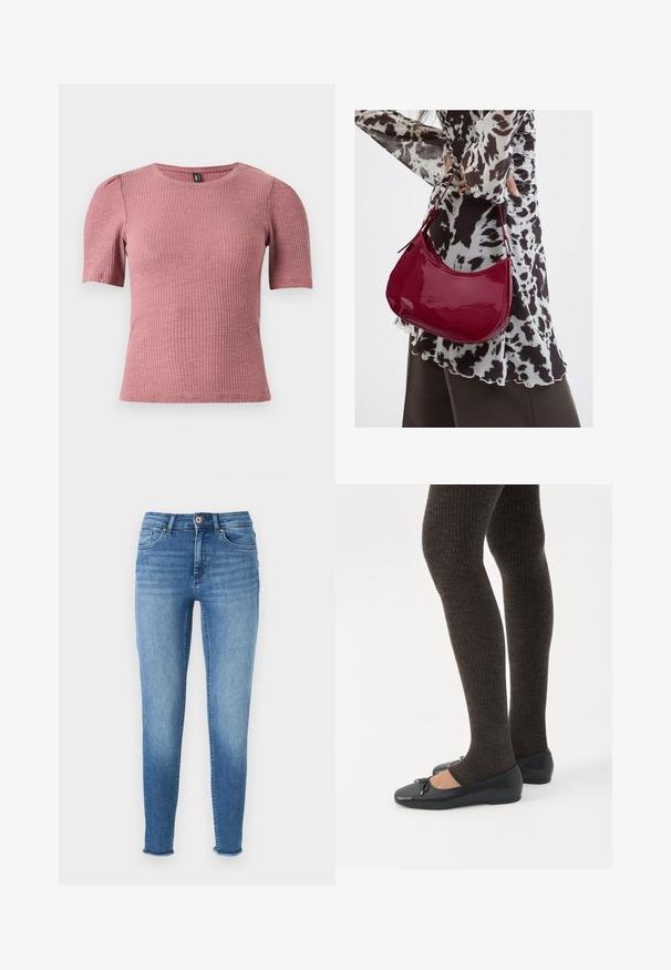 Lühikeste varrukatega tekstuuriga topp tuhmi roosa soonilise kangaga. Ümar kaelus, pehmed õlaosad. Lõikega istuv, veniv materjal.; Sv light blue skinny jeans, millel on tuhmused ja udune pesu, valmistatud denimist. Omab nelja taskut, vööloopse ja narmendavaid ääri pahkluude juures.; Jalad seljas tumedad soonelises soonelises kombines mustade baleriinadega, millel on väikesed paelade detailid valgel taustal.; Naine, kes kannab must-valget mustriga pluusi ja hoiab läikivat punast õlakotti ühevärvilise tausta ees.