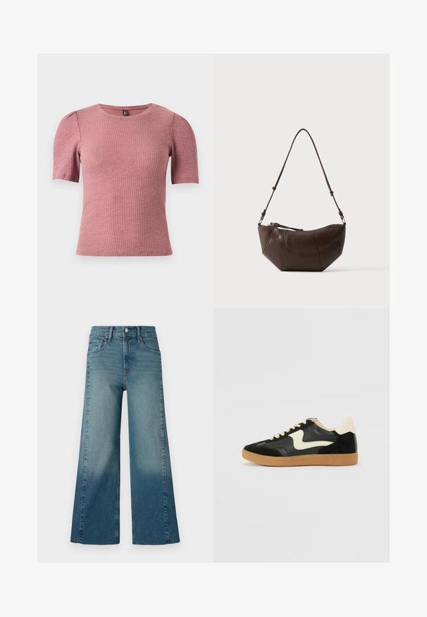 Kortærmet, tekstureret top i støvet rosa ribstrikket stof. Rund halsudskæring med diskrete pufærmer. Figursyet pasform, strækbart materiale.; Bredde jeans i en medium blå vask, med en gradient effekt fra mørkere til lysere. Lavet af denim med et traditionelt fem-lomme design.; Sorte ruskinds- og lædersneakers med en cremefarvet side-swoosh og lys cremefarvet hæl. Har beige snørebånd og en gummirubber-sål.; Brun læder skuldertaske med buet bund og justerbar rem mod en ensfarvet lys baggrund.