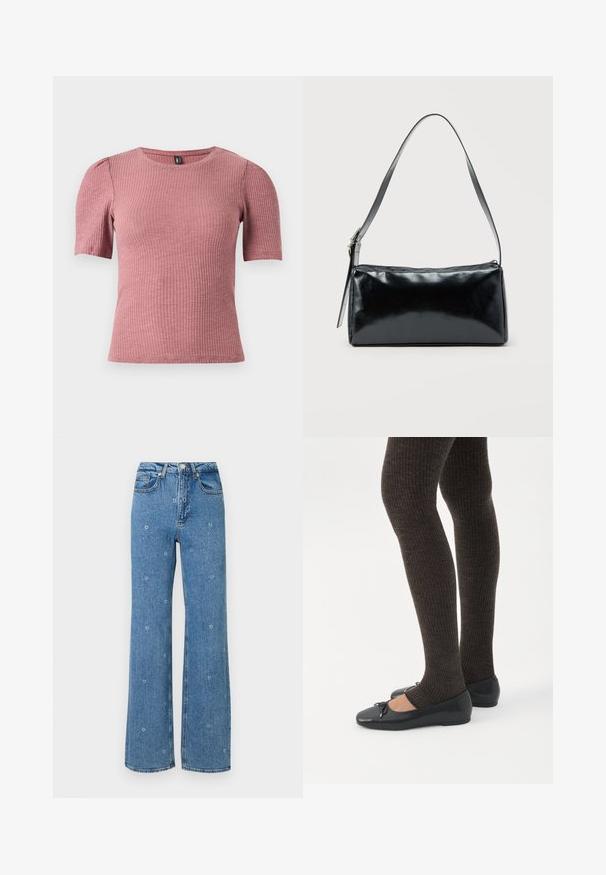 Top de manga corta con textura en tejido acanalado color rosa polvo. Escote redondo con hombros sutilmente abullonados. Corte ajustado, material elástico.; Jeans de talle alto en azul, de pierna recta, con pequeños bordados de flores blancas esparcidos por la tela.; Piernas con leggings oscuros acanalados combinados con bailarinas negras que presentan pequeños detalles de lazo sobre un fondo blanco.; Bolso de hombro rectangular negro con una correa ajustable y un cierre de cremallera superior sobre un fondo liso.