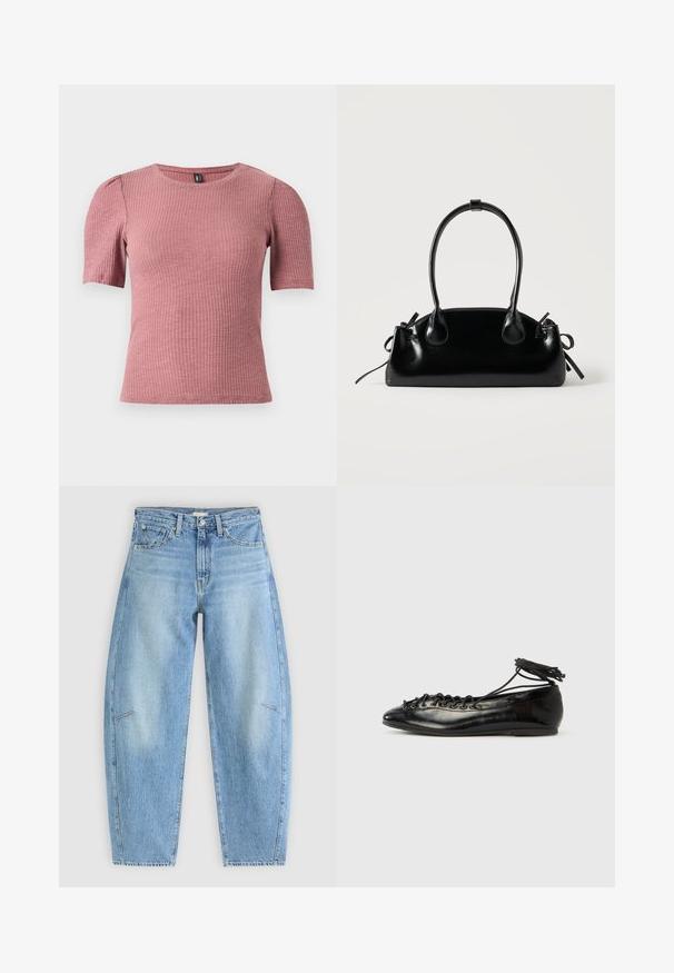 Kortærmet, tekstureret top i støvet rosa ribstrikket stof. Rund halsudskæring med diskrete pufærmer. Figursyet pasform, strækbart materiale.; Lyseblå denimjeans med en afslappet pasform, der har høj talje, lige ben og diskrete syninger på frontlommen.; Sorte balletflade sko i laklæder med rundet tå, snørelukning og flad sål. Glat tekstur med få detaljer.; Lille sort blank håndtaske med to lange håndtag og snøre-detaljer i siden på en ensfarvet lys baggrund.