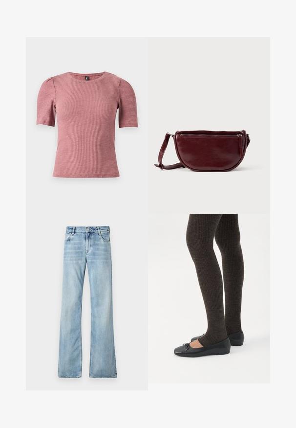 Kortærmet, tekstureret top i støvet rosa ribstrikket stof. Rund halsudskæring med diskrete pufærmer. Figursyet pasform, strækbart materiale.; Lyseblå flagrende jeans lavet af denim, med fem lommer, knaplukning og let blødgøring for en slidt effekt.; Ben iført mørke ribbede leggings kombineret med sorte balletsko med små sløjfedetaljer på hvid baggrund.; Vinrød læderhåndtaske med halvmåneform, lynlås og aftagelig rem. Glat tekstur med en subtil glans.