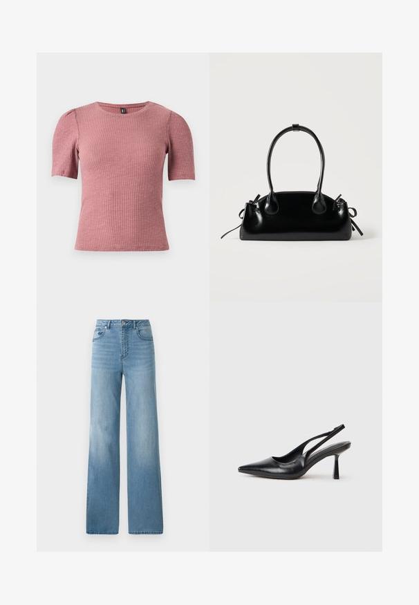 Kurzärmeliges, strukturiertes Oberteil aus rippenartigem stoff in staubigem Rosa. Rundhalsausschnitt mit dezenten Puffärmeln. Eng anliegende Form, elastisches Material.; Helleblaue hochtaillierte Jeans mit geradem Bein. Aus Denim gefertigt, mit fünf Taschen und einem Knopfverschluss.; Schwarzer Leder Slingback High Heel Schuh mit spitzer Zehenpartie und schmalem Absatz auf einem weißen Hintergrund.; Kleine schwarze glänzende Handtasche mit zwei langen Griffen und seitlichen Kordelzug-Details vor einfachem hellem Hintergrund.
