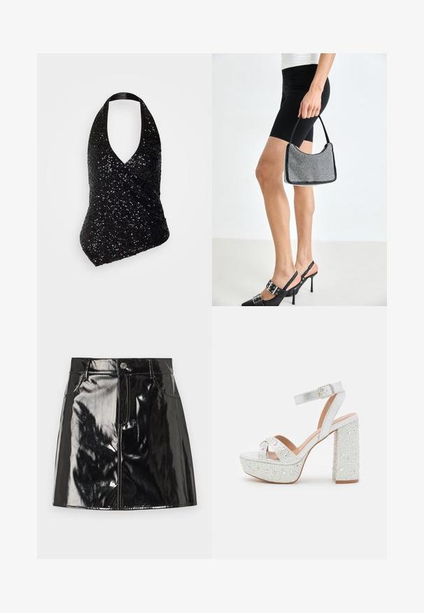 Haut halter noir avec un décolleté en V profond, présentant un design ajusté recouvert de sequins noirs, créant une surface texturée et scintillante.; Mini-jupe en vernis noir avec une finition brillante, dotée d'une fermeture à bouton, de passants de ceinture et de poches avant pour un détail supplémentaire.; Sandales à plateforme blanches avec une finition métallique, présentant deux brides croisées, une bride de cheville et un talon carré orné de gemmes scintillantes.; Sac à main à perles noires avec une silhouette courbée, une poignée de transport et une texture brillante. Porté avec des chaussures à talons hauts noires et un short noir ajusté.