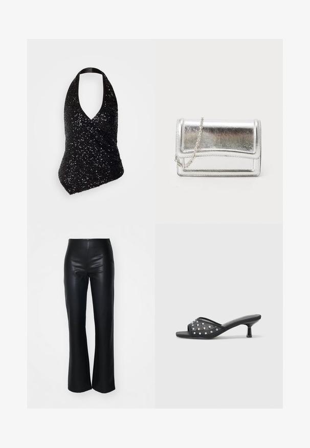 Haut halter noir avec un décolleté en V profond, présentant un design ajusté recouvert de sequins noirs, créant une surface texturée et scintillante.; Pantalons évasés en simili cuir noir avec une texture lisse, dotés d'une taille ajustée et de jambes légèrement évasées, conçus pour une silhouette élégante.; Sandale à talon bas ouverte noire avec un tissu transparent orné de clous décoratifs transparents et une semelle lisse.; Pochette métallique argentée avec une texture lisse, fermeture rabat et une bandoulière en chaîne. Présente un design rectangulaire structuré et des accents cousus.