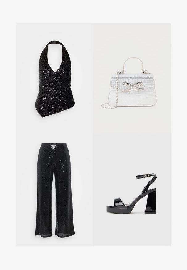 Haut halter noir avec un décolleté en V profond, présentant un design ajusté recouvert de sequins noirs, créant une surface texturée et scintillante.; Pantalons en sequins noirs avec une coupe large et une ceinture élastique, présentant une texture lisse et des surfaces brillantes qui réfléchissent la lumière.; Sandale plateforme en cuir verni noir avec un gros talon haut et une boucle à la cheville sur fond blanc.; Petit sac à main argenté avec une anse supérieure, une bandoulière chaîne et un nœud décoratif avec des strass sur le rabat avant.