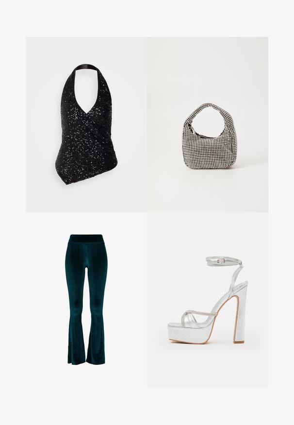 Haut halter noir avec un décolleté en V profond, présentant un design ajusté recouvert de sequins noirs, créant une surface texturée et scintillante.; Pantalon évasé couleur sarcelle en velours doux, doté d'une taille haute et d'une texture lisse, se rétrécissant vers l'ourlet avec de légères ouvertures.; Sandales plateforme en argent avec un matériau texturé, une bride à la cheville et un accent en strass. Design à bout carré et talon bloc haut.; Sac à main noir de forme arrondie, recouvert de petits rhinestones argentés, avec une poignée courte et une fermeture zippée sur le dessus.