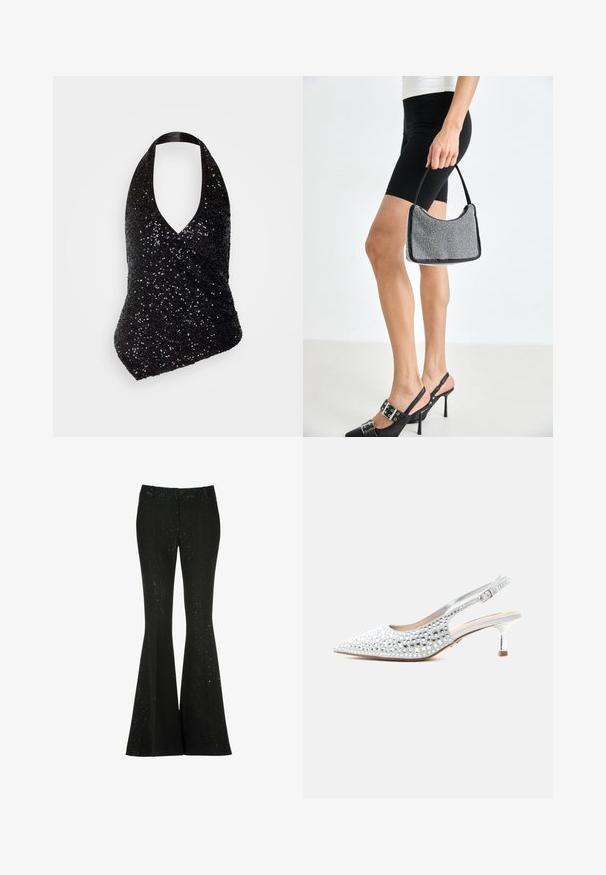 Top negro de halter con un escote en V profundo, que presenta un diseño ajustado cubierto de lentejuelas negras, creando una superficie texturizada y brillante.; Pantalones acampanados negros fabricados en tejido texturizado, que presentan un patrón brillante, una cintura ajustada y piernas acampanadas que se extienden desde la rodilla.; Zapato de tacón bajo tipo kitten heel con tira trasera en color plateado, punta puntiaguda y adornos brillantes de pedrería en la parte superior.; Bolso de cuentas negras con una silueta curva, asa de transporte y textura brillante. Llevado con zapatos de tacón altos negros y pantalones cortos negros ajustados.