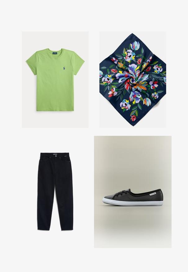 Camiseta de algodón verde con cuello redondo y mangas cortas. Presenta un pequeño logo azul en el lado izquierdo del pecho. Textura suave, ajuste informal.; Jeans de mezclilla negra con pierna recta, diseño de cinco bolsillos y cierre de botón. La tela tiene una textura suave y costuras mínimamente visibles.; Zapatilla deportiva Lacoste negra de corte bajo con suela blanca, cordones negros y etiqueta con el logo en el lateral sobre un fondo liso.; Pañuelo de seda azul marino con un vibrante patrón floral multicolor y hojas verdes, dispuesto en forma de espiral torcida.