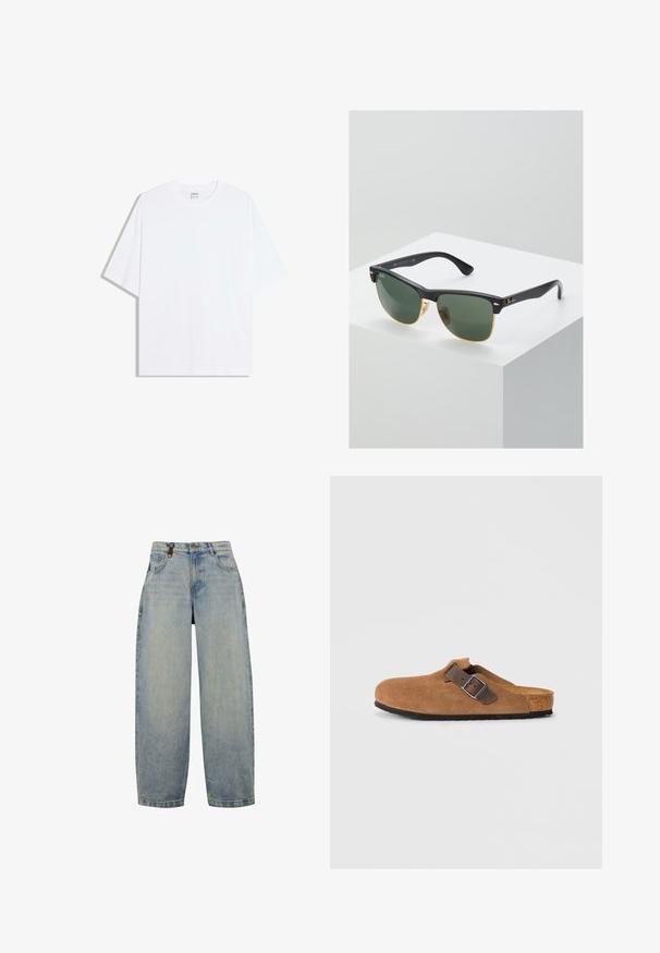 Hvid oversized bomulds t-shirt med rund hals og korte ærmer; glat tekstur, uden synlige mønstre eller accenter.; Lysblå denimjeans med en afslappet pasform, der har høj talje, brede ben, klassisk femlomme-design og metalhardware.; Brune ruskindsklogs med en justerbar brun læderrem og sølv spænde, der har en formet korkfodbed og en tekstureret gummi sål.; Ray-Ban solbriller med grønne linser, sorte plastikstel og gyldne detaljer ved kanterne. Firkantet form med mat finish.