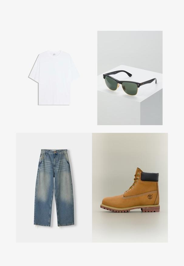 Wit oversized katoenen T-shirt met een ronde hals en korte mouwen; gladde textuur, zonder zichtbare patronen of accenten.; Lichtblauwe denim broek met wijde pijpen en een vervaagde afwerking, vijf zakken ontwerp en een ruwe zoom. Voorzien van een knoop- en ritssluiting aan de voorkant.; Bruine leren enkellaars met zwarte kraag, gele veters en een zandkleurige zool. Voorzien van een logo en witte stikseldetails. Robuuste loopzool met grip.; Ray-Ban zonnebrillen met groene lenzen, zwarte plastic monturen en gouden accenten aan de randen. Vierkante vorm met een matte afwerking.