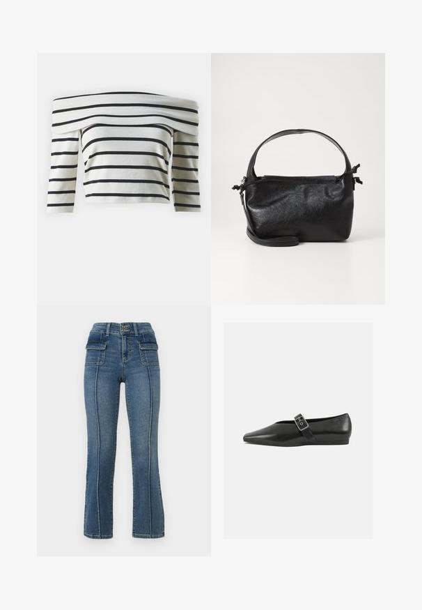Off-the-shoulder cropped μπλουζάκι από μαλακό ύφασμα, με μαύρες οριζόντιες ρίγες σε λευκό φόντο και τρία τέταρτα μανίκια.; ONLY Petite ONLWAUW MID WAIST FLARED - Τζιν καμπάνα - medium blue denim; Μαύρο δερμάτινο παπούτσι φλατ με μυτερή μύτη, διαθέτοντας μια μεταλλική πόρπη που διασχίζει το κέντρο του ποδιού και μια χαμηλή, ευέλικτη σόλα.; Μαύρη δερμάτινη τσάντα με δομικό σχέδιο, στρογγυλή λαβή από πάνω και αποσπώμενο λουρί ώμου. Διαθέτει λεία υφή και διακριτική γυαλάδα.