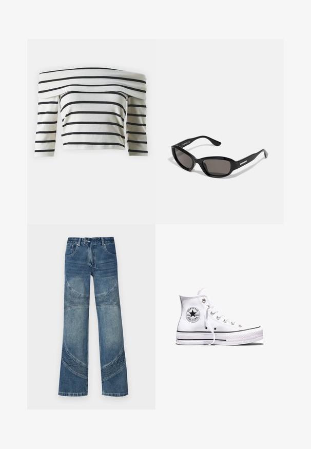 Crop top s odhalenými ramenami vyrobený z mäkkej tkaniny, zdobený čiernymi horizontálnymi pruhmi na bielom pozadí a s polovičnými rukávmi.; Džínsy z modrej denimovej látky s vysokým pásom a širokými nohavicami, s zakriveným švom a ryhovanými časťami na dolnej časti. Neformálny štýl.; Biela vysoká teniska Converse Chuck Taylor All Star s čiernymi pruhmi a nášivkou s logom na boku, zobrazená na jednoduchom bielom pozadí.; Čierne slnečné okuliare s obdĺžnikovým rámom, tmavými šošovkami, hladkým plastovým materiálom a kovovým akcentom na ramene.