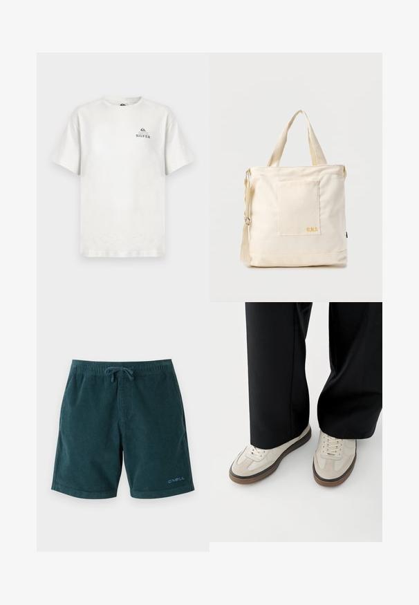 Camiseta de algodón blanca con cuello redondo y mangas cortas. Incluye un pequeño logo azul con el texto "QUIKSILVER" en el pecho.; Bañador de pana en color verde azulado oscuro con cintura elástica y cordón. Presenta un logo en la parte inferior de la pierna derecha. Textura suave, diseño hasta la rodilla.; Pies con zapatillas beige con suelas marrones y pantalones negros de pierna ancha sobre un fondo blanco.; Bolsa tote de lona color crema con bolsillo delantero, dos asas, correa de hombro ajustable y pequeño texto amarillo "O.N.S" en la parte inferior derecha del bolsillo.