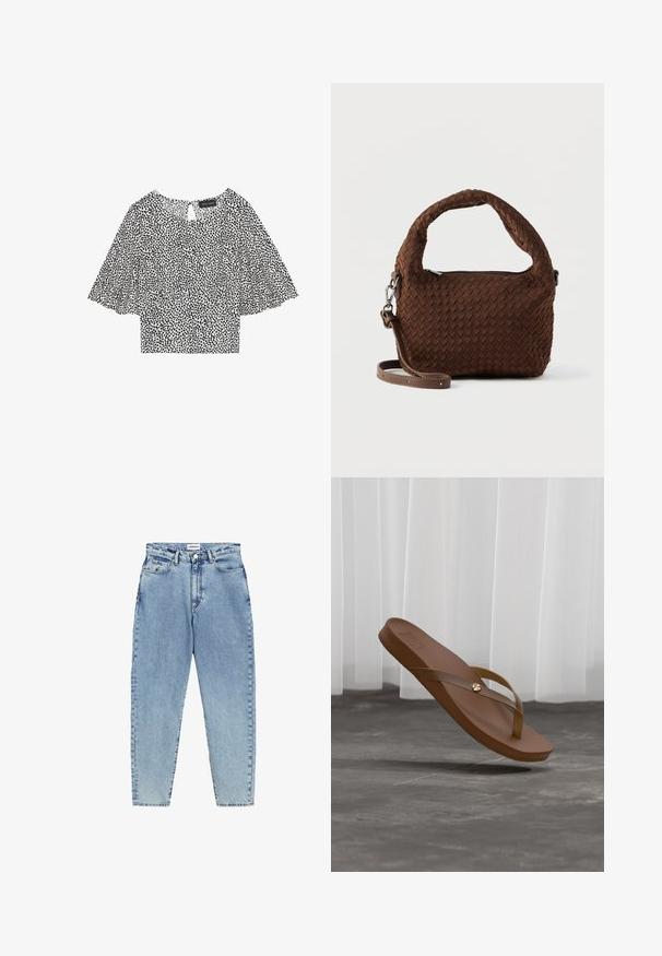 Zwart-wit gestreepte blouse met korte, uitlopende mouwen, een keyhole achterkant en een lichtgewicht stof die geschikt is voor layering.; Lichtblauwe denim jeans met een hoge taille, een rechte pijpdesign en contrasterende stiksels. Bevat voor- en achterzakken en een knoopsluiting.; Bruine teenslipper met dunne bandjes en gouden knopdetail zwevend boven een betonnen vloer met doorschijnende witte gordijnen op de achtergrond.; Bruine geweven handtas met een afgeronde handgreep, zilveren beslag en een verstelbare band. Voorzien van een ritssluiting en een gestructureerd oppervlak.