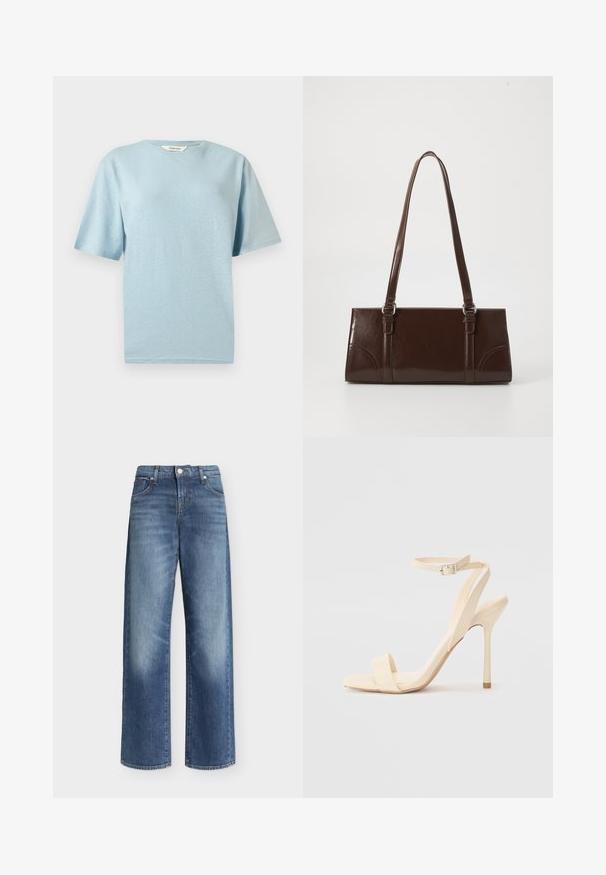 Lyseblå kortærmet t-shirt med rund hals og glat tekstur, vist på en neutral grå baggrund.; Blå jeans med vide ben, høj talje, knap- og lynlåslukning, for- og baglommer samt let falmede detaljer på lårene.; Beige højhælede sandaler med en slank ankelrem og firkantet tå. Glat syntetisk materiale, minimalistisk design og stiletto-hæl.; Brun lakeret håndtaske med rektangulær form, to lange håndtag og subtile buede detaljer på fronten.