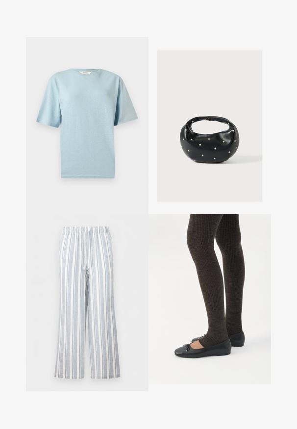 T-shirt à manches courtes bleu clair avec col rond, à texture lisse, présenté sur un fond gris neutre.; Pantalon ample à rayures verticales bleues et blanches, taille élastique et cordon de serrage.; Jambes portant des leggings côtelés foncés associés à des ballerines noires avec de petits détails en nœud sur fond blanc.; Sac à main en cuir noir de forme arrondie, décoré de clous argentés et équipé d'une poignée courte. Texture lisse et fermeture éclair.