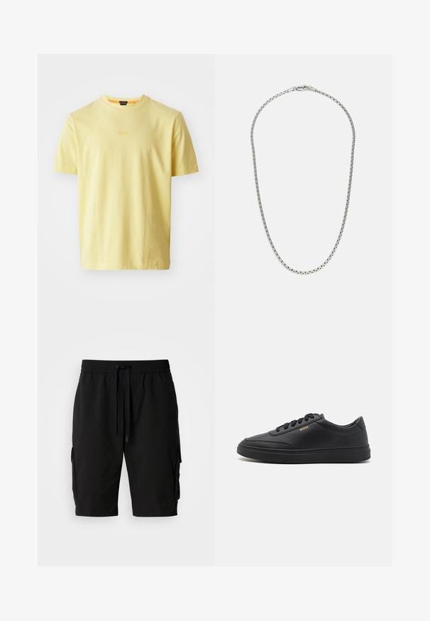 Lys gul bomulds T-shirt med rund hals og korte ærmer. Har et subtilt "BOSS"-logo i midten. Blød tekstur, afslappet pasform.; Sorte cargo shorts lavet af letvægtsstof, med elastisk talje, snor og sidelommer til ekstra opbevaring.; Sorte lædersneakers med en glat overflade, rund tå, flad gummisål og tonede snørebånd. Udstyret med guld "BOSS" branding på siden.; Sølv kæde med et skiftende led-design. Har flade, rektangulære led og en sikker lås, glat overflade gennem hele kæden.