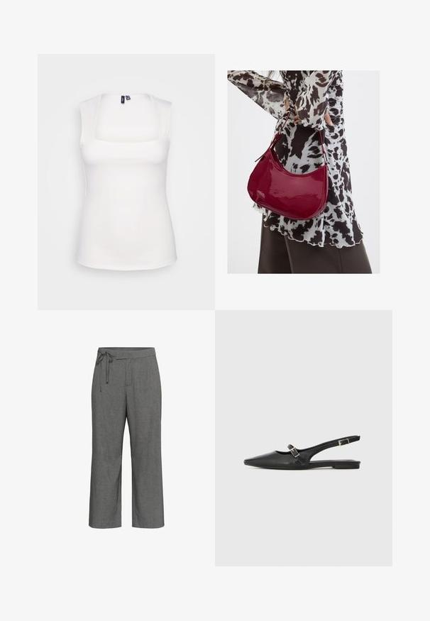 Haut sans manches blanc avec un décolleté carré, fabriqué à partir d'un matériau élastique lisse, présentant des coutures minimales et sans motifs visibles.; Pantalon large gris avec un motif de fines rayures, taille haute et détail de ceinture à lien noué à la taille.; Chaussures slingback en cuir noir avec un bout pointu, comprenant une lanière étroite et un accent de boucle argentée sur le côté. Semelle plate.; Femme portant un chemisier à motif noir et blanc tenant un sac à main rouge brillant sur un fond uni.
