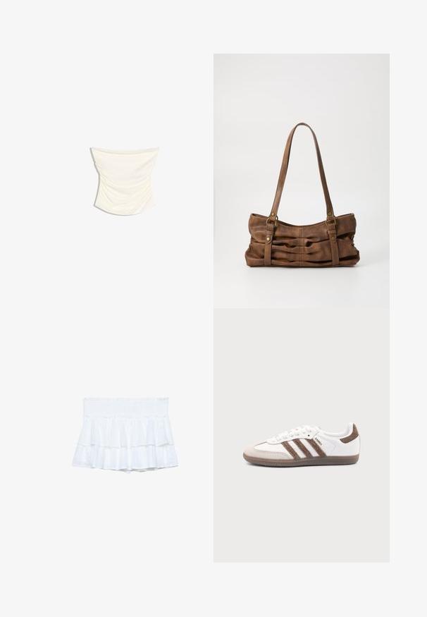 Haut tube drapé en satin couleur crème avec un design froncé et un ourlet légèrement incurvé sur fond blanc.; Shorts blancs à volants avec une taille smockée, dotés de tissu superposé et de détails texturés subtils. Design léger et décontracté.; Baskets Adidas Samba blanches avec des bandes en daim marron, semelle en caoutchouc marron et bout en daim beige, vues du côté extérieur sur un fond uni.; Even&Odd Sac à main - brown
