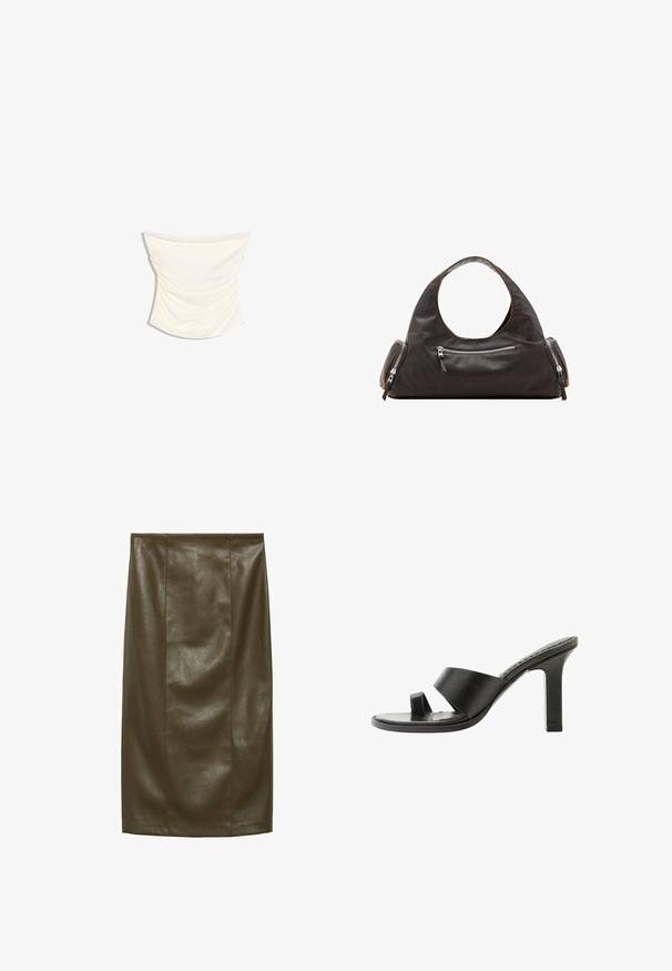 Kremfarvet satin draperet tube top med et rynket design og en let buet kant mod en hvid baggrund.; Oliven grøn pencil skirt i faux læder med en glat tekstur, knælængde, der har lodrette sømme for et skræddersyet look.; Sort højhælet sandal med bred rem over foden og en tåloop, vist fra siden på en hvid baggrund.; Sort læderhåndtaske med et rundt øverste håndtag, to sidelommer med lynlåse og glat tekstur. Let slap design.