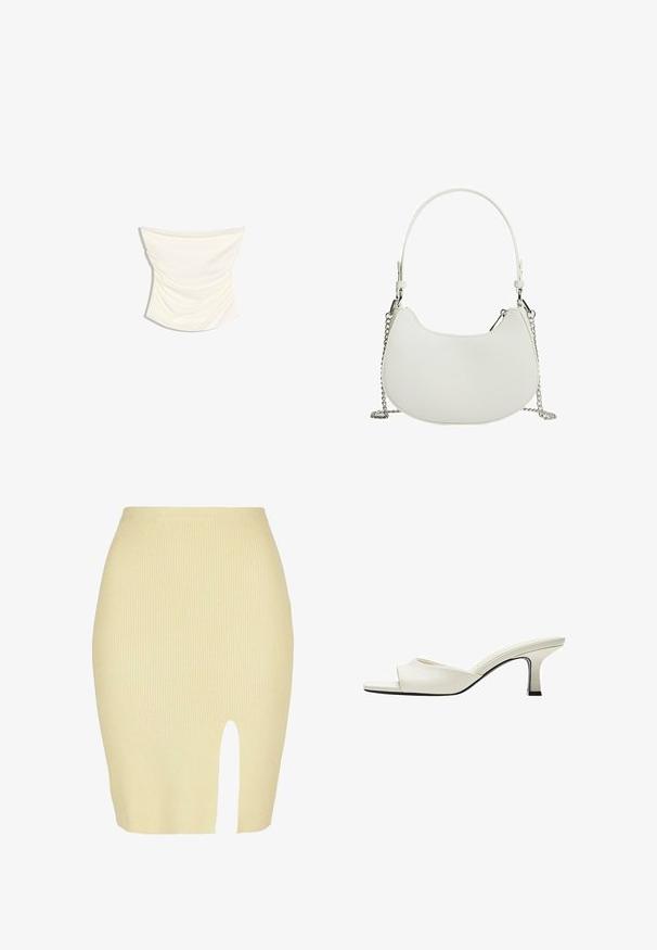 Kremfarvet satin draperet tube top med et rynket design og en let buet kant mod en hvid baggrund.; Ribbet midi nederdel i lysegul med slidsdetalje foran, der har en tætsiddende silhuet og en blød tekstur.; Hvid læder mule med åben tå, mellemhøj, buet blokhæl og en let tilspidset firkantet sål.; Hvid syntetisk håndtaske med en buet form, der har en kædestrop og minimalistisk design. Glat tekstur med sølvfarvede metaldele.