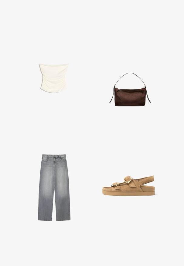 Haut tube drapé en satin couleur crème avec un design froncé et un ourlet légèrement incurvé sur fond blanc.; Jean en denim gris à jambes larges avec une finition légèrement décolorée, doté de cinq poches, d'une fermeture à bouton à l'avant et de passants de ceinture.; Sandale plate en daim beige avec deux larges brides dotées de boucles dorées et une bride arrière réglable sur une semelle épaisse en caoutchouc.; Sac d'épaule en tissu brun texturé avec une sangle fine et une fermeture éclair supérieure, sur fond blanc uni.