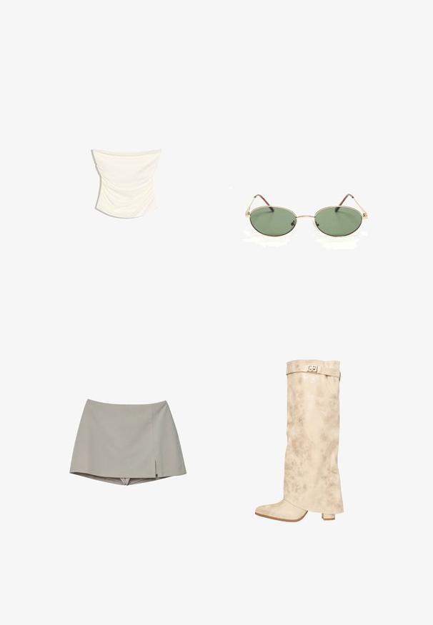 Kremfarvet satin draperet tube top med et rynket design og en let buet kant mod en hvid baggrund.; Beige kort nederdel med en lille frontslids på højre side, lavet af glat stof, vist mod en ensfarvet hvid baggrund.; Knæhøj creme syntetisk læderstøvle med en subtil glans, tekstureret overflade, blokhæl og en rem med en metallisk spænde øverst.; Ovære solbriller med guldramme i metal og grøntonede linser med tynde arme, der hviler på en hvid overflade.