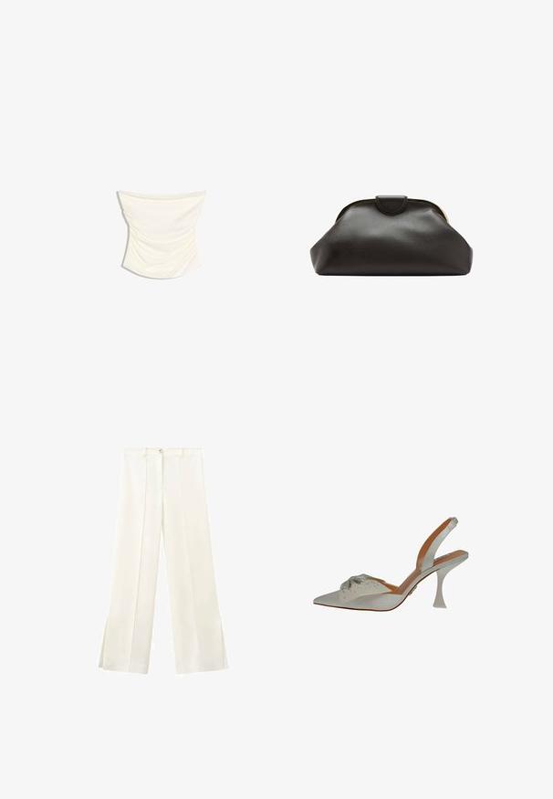Haut tube drapé en satin couleur crème avec un design froncé et un ourlet légèrement incurvé sur fond blanc.; Pantalon blanc taille haute à jambes larges avec un bouton à l'avant, des passants pour ceinture, et des coutures latérales s'étendant jusqu'à de petites fentes à l'ourlet.; Chaussure slingback en satin blanc, à bout pointu, ornée de perles argentées. Présente un talon fin et transparent, ainsi qu'un détail décoratif texturé sur le dessus.; Pochette en cuir noir souple avec un cadre arrondi et une petite fermeture à languette en haut au centre.