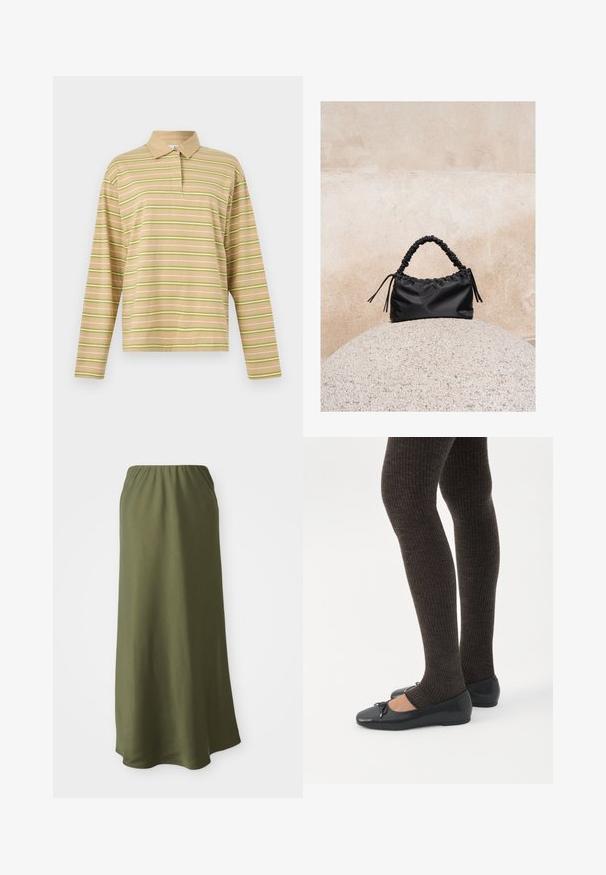 Polo de manga larga en color beige con rayas horizontales en verde claro y blanco y cuello beige sólido.; Falda verde oliva, de longitud hasta el tobillo, hecha de una tela suave con cintura elástica; textura lisa y un diseño sencillo y fluido.; Piernas con leggings oscuros acanalados combinados con bailarinas negras que presentan pequeños detalles de lazo sobre un fondo blanco.; Bolso negro fruncido con asa recogida, apoyado sobre una esfera de piedra texturizada frente a una pared de hormigón beige.