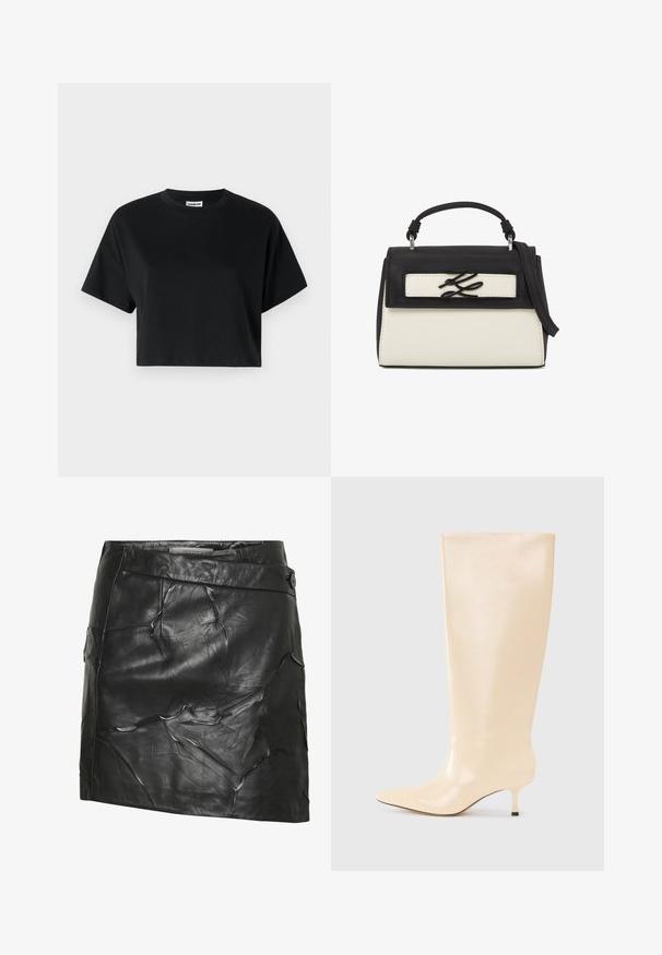 Sort cropped t-shirt med korte ærmer, rund halsudskæring, lavet af glat bomuldsstof, med minimalistisk design og subtile syninger.; Sort lædernederdel med en krøllet tekstur, der har høj talje, sideknaplukning og asymmetrisk kant.; Knæhøj beige læderstøvle med en slank, glat finish, spids tå og en lav, slank hæl. Har et minimalistisk design uden synlige dekorationer.; Sort og hvid læderhåndtaske med top-håndtag, justerbar skulderrem og metallisk stiliseret logo på frontklappen.