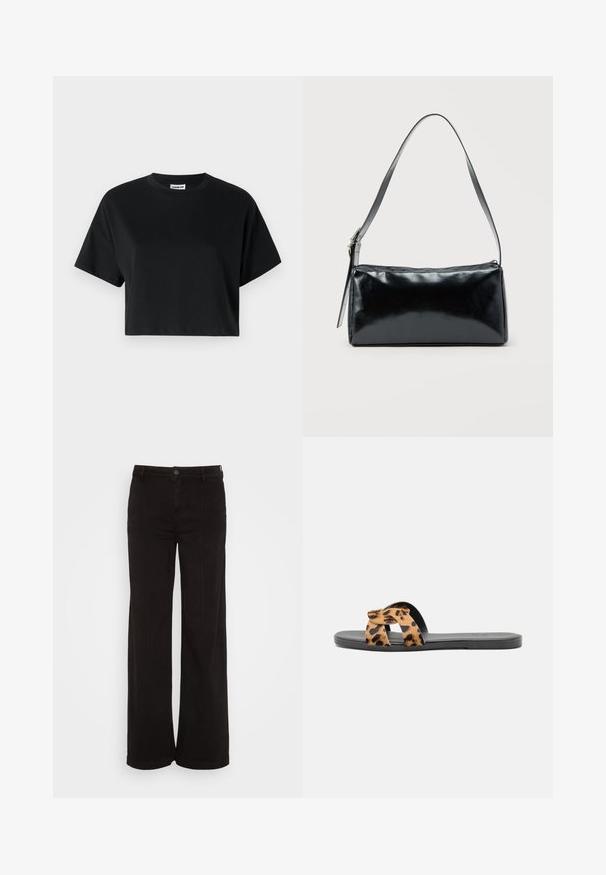 Sort cropped t-shirt med korte ærmer, rund halsudskæring, lavet af glat bomuldsstof, med minimalistisk design og subtile syninger.; American Eagle BAGGY WIDE LEG - Wide leg - black wash; Sandale i leopardprint med krydsremdesign, sort sål, glat tekstur og blødt materiale, ideel til afslappet brug.; Sort rektangulær skuldertaske med en enkelt justerbar rem og lynlås i toppen på en ensfarvet baggrund.