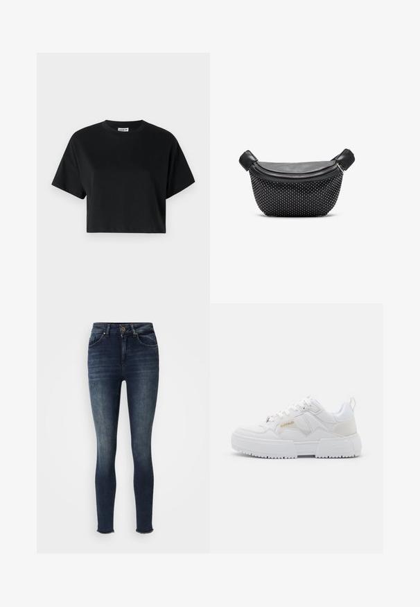 Schwarzes cropped T-Shirt mit kurzen Ärmeln, Rundhalsausschnitt, aus glattem Baumwollstoff, mit minimalistischem Design und dezenten Steppdetails.; Dunkelblaue Skinny Jeans mit vorderem Knopf- und Reißverschluss, Fünf-Taschen-Design und leichten Ausbleichungen an Oberschenkeln und Knien, ausgefranste Säume an den Knöcheln.; Weiße Sneakers mit chunky Design, gefertigt aus Leder und synthetischen Materialien, mit strukturierten Details, Schnürsenkeln und einem auffälligen Logo in Gold.; Schwarze Handtasche mit einer glatten Lederoberfläche und einem strukturierten Boden, der mit silbernen Nieten bedeckt ist. Sie verfügt über einen Reißverschluss und zwei Griffe.