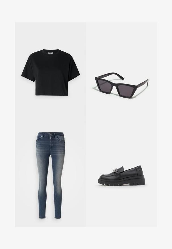 Sort cropped t-shirt med korte ærmer, rund halsudskæring, lavet af glat bomuldsstof, med minimalistisk design og subtile syninger.; Slanke jeans i mørkeblå denim med en falmet finish, forlommer, knaplukning og rå kanter ved anklerne.; Sort loafersko med en kraftig platformsål, glat læderoverdel, dekorativ kædeaccent og let hæl med notched detalje.; Sorte, kantede solbriller med grå linser; lavet af plast, med tykke stænger med en glat overflade og ingen synlig hardware.