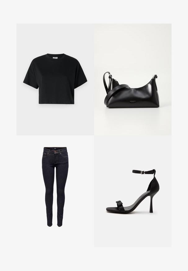 Camiseta corta negra con mangas cortas, cuello redondo, fabricada en suave tela de algodón, con un diseño minimalista y detalles de costura sutiles.; Vaqueros ajustados de mezclilla azul oscuro con botones frontales y bolsillos, costuras visibles y etiqueta de marca en la pretina.; Sandalia negra de tacón alto con una correa en el tobillo, hebilla plateada y una correa frontal con un pequeño detalle de lazo.; Bolso de mano de cuero negro con una textura suave. Cuenta con una correa ajustable y un diseño elegante y minimalista con cierre de cremallera.
