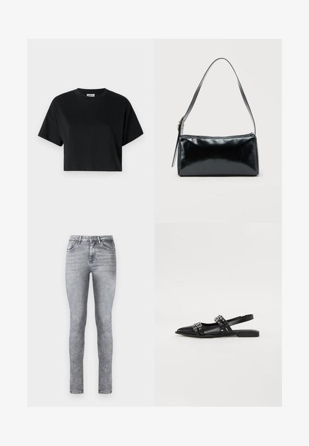 Sort cropped t-shirt med korte ærmer, rund halsudskæring, lavet af glat bomuldsstof, med minimalistisk design og subtile syninger.; Grå denim skinny jeans med høj talje, fem lommer og subtil lysning over det hele. Har lynlås og knaplukning.; Even&Odd by Zalando Slingback-ballerinasko - black; Sort rektangulær skuldertaske med en enkelt justerbar rem og lynlås i toppen på en ensfarvet baggrund.