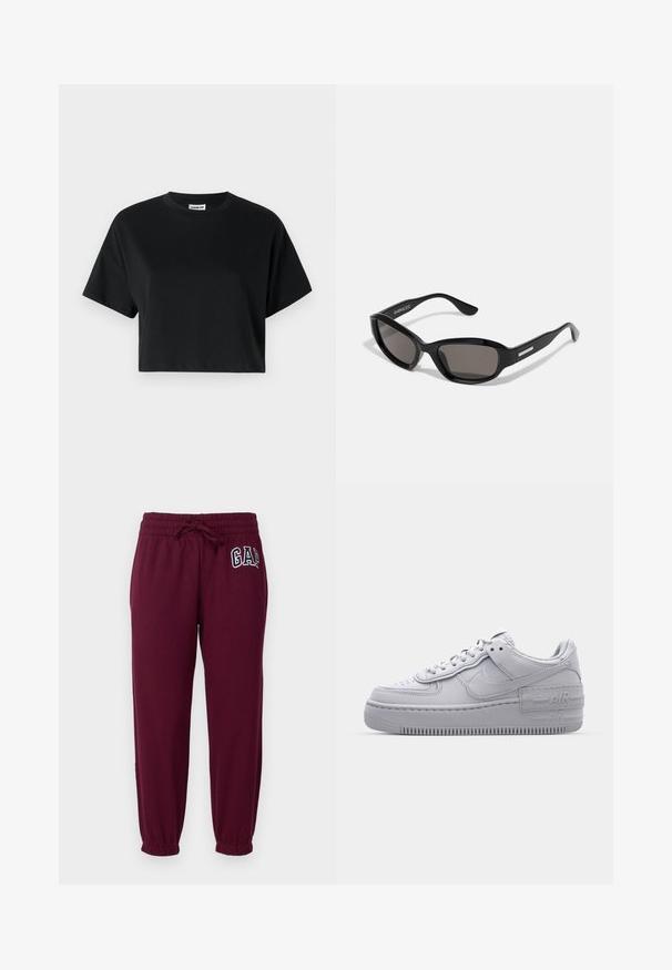 T-shirt noire courte avec manches courtes, col rond, fabriquée en coton lisse, avec un design minimaliste et des détails de couture subtils.; GAP Petite HERITAGE - Pantalon de survêtement - ruby wine; Basket en cuir lisse gris Nike Air Force 1 avec un bout perforé, une semelle épaisse et un détail 'AIR' en relief sur le talon.; Lunettes de soleil noires avec une monture rectangulaire, des verres sombres, un matériau plastique lisse et un accent métallique sur la branche.