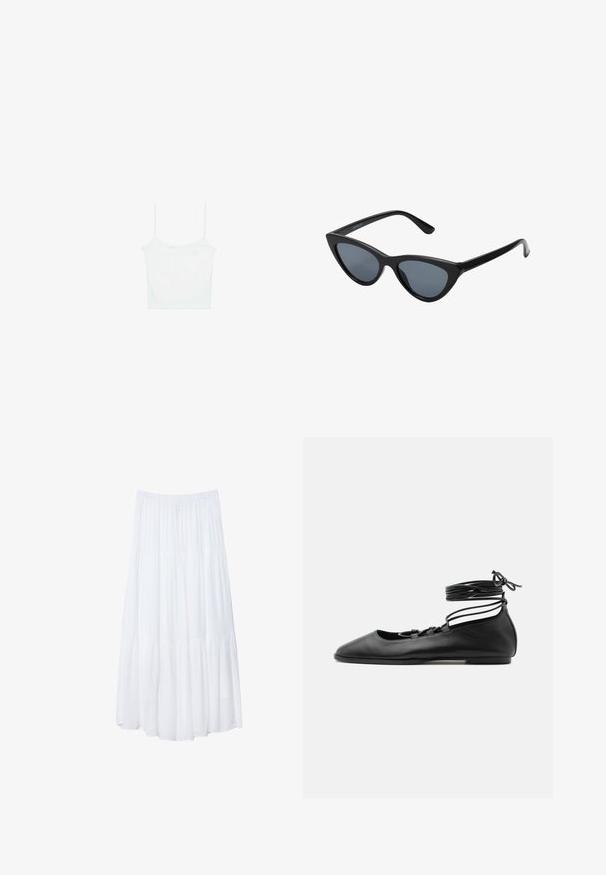 Stradivarius Top - white; Weißer, gestufter Maxi-Rock aus leichtem Stoff. Verfügt über einen elastischen Bund und ein fließendes Design mit weicher, subtiler Textur.; Schwarzer flacher Ballettschuh aus Leder mit spitzer Kappe, mehreren dünnen Riemen über dem Spann und Schnürsenkeln, die um den Knöchel gewickelt sind.; Schwarze Cat-Eye-Sonnenbrille mit dunkelgrauen Gläsern, schlankem Kunststoffrahmen, spitzen Ecken und geraden Bügeln. Keine sichtbaren Befestigungen oder Akzente.
