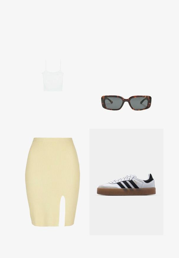 Stradivarius Top - white; Ribbet midi nederdel i lysegul med slidsdetalje foran, der har en tætsiddende silhuet og en blød tekstur.; Hvide lædersneakers med sorte striber, gummirubber sål, rund tå, snørelukning og blød grå ruskinds tåhætte.; Skildpaddedesolbriller med rektangulære linser, tykke stel og mørkt tonede linser. Glat tekstur og minimalistisk design.