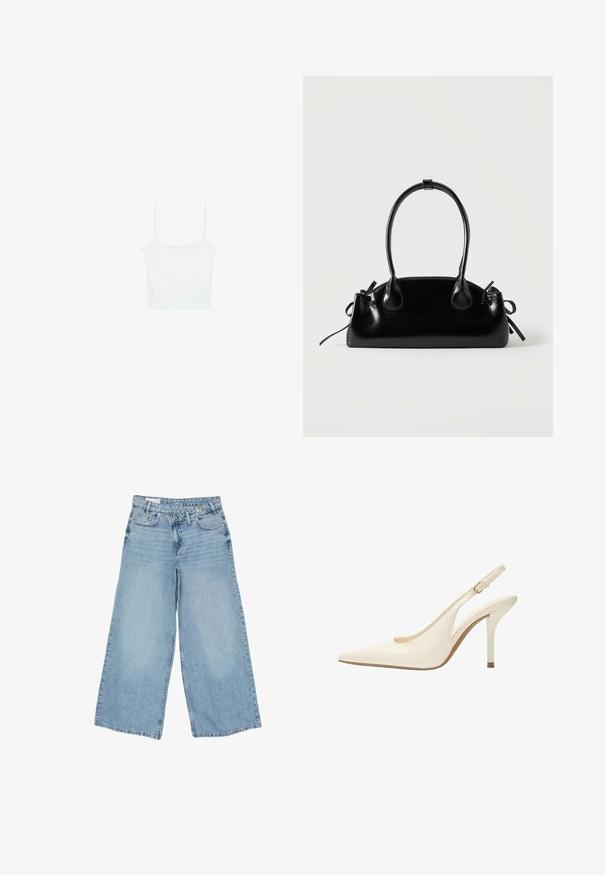 Stradivarius Débardeur - white; Jean large en denim bleu clair avec taille haute, fermeture à double bouton, poches avant et passants de ceinture.; Chaussure à talon haut pointu couleur crème avec bride slingback fine et boucle dorée, vue latérale inclinée sur fond blanc.; Petit sac à main noir brillant avec deux longues anses et des détails à cordon sur les côtés sur un fond clair uni.