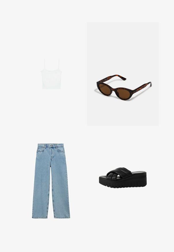 Stradivarius Top - white; Mango Jeans Relaxed Fit - blue; Sorte platform sandaler med krydset remme lavet af glat læder, der har en tykkere struktureret sål og en let afrundet tå.; Brune skildpadde solbriller med en vintage katteøje-form og brune linser. Har buede arme med røde detaljer.